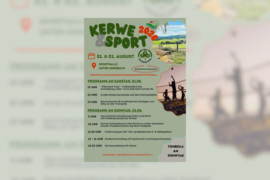 Plakat zur Veranstaltung Kerwe & Sport 2026 an der Sporthalle Unter-Sensbach mit Volleyballturnier, Wanderung, Livemusik und Familienprogramm.